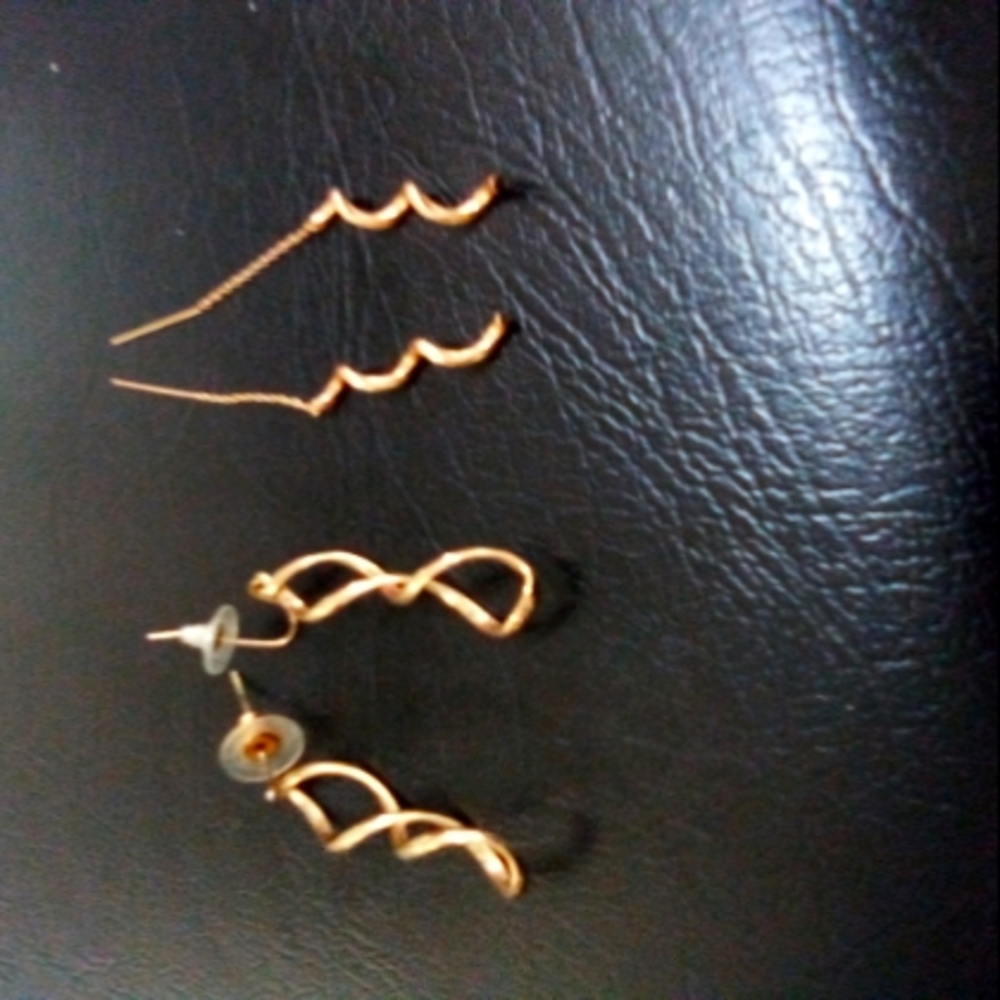 Earrings 2 pair gold 1single strand second pair double strand one post one threa